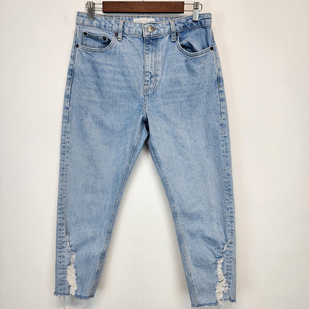 Topshop Womens Straight Mom Jeans Size 30x25 High Rise Crop Light Wash Frayed